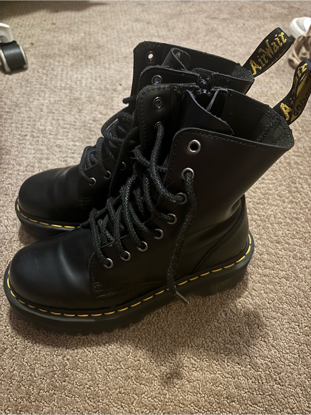 Dr. Martens Black Leather Lace-Up Platform Combat Boots with Yellow Stitching